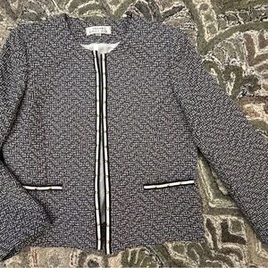 NWOT Tahari ASL Open Front Black & White Tweed Jacket Blazer Grosgrain 14 XL